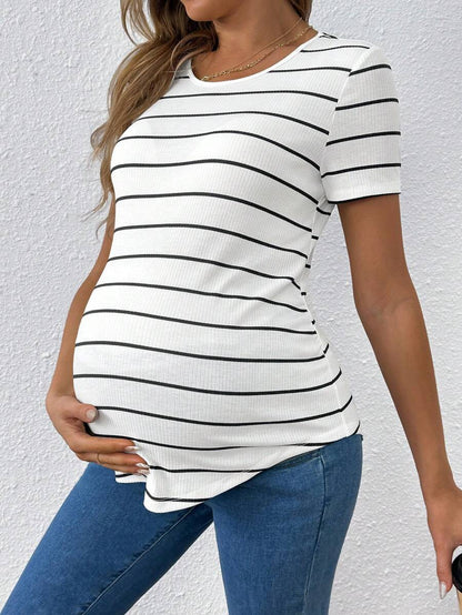 Pink Striped Asymmetrical Hem Maternity T-Shirt - Slim Fit Short Sleeve Round Neck Casual Knit Top for Daily Wear