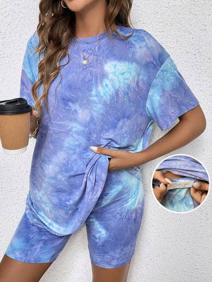 Maternity Summer Two Piece Lounge Set Brown Mama Print Loose Tee and Adjustable Elastic Cycling Shorts Casual Holiday Outfit