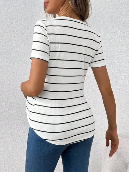 Pink Striped Asymmetrical Hem Maternity T-Shirt - Slim Fit Short Sleeve Round Neck Casual Knit Top for Daily Wear