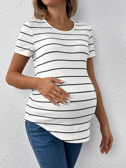 Pink Striped Asymmetrical Hem Maternity T-Shirt - Slim Fit Short Sleeve Round Neck Casual Knit Top for Daily Wear