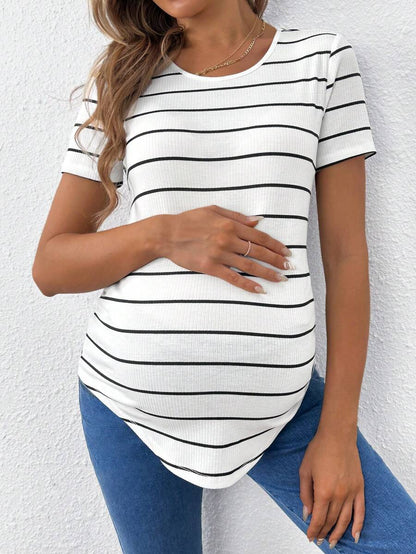 Pink Striped Asymmetrical Hem Maternity T-Shirt - Slim Fit Short Sleeve Round Neck Casual Knit Top for Daily Wear