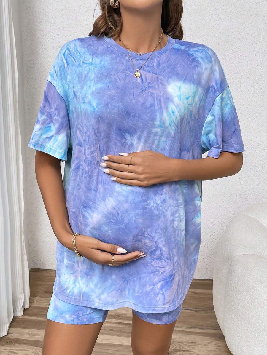 Maternity Tie Dye 2-Piece Set - Drop Shoulder Tee & Biker Shorts, Loose Fit, Multicolor