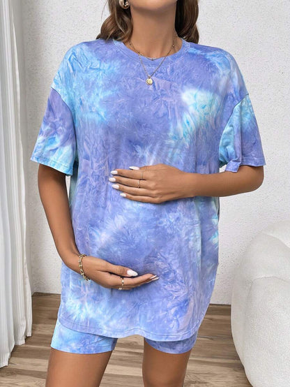 Maternity Summer Two Piece Lounge Set Brown Mama Print Loose Tee and Adjustable Elastic Cycling Shorts Casual Holiday Outfit