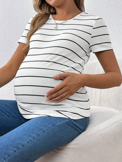 Pink Striped Asymmetrical Hem Maternity T-Shirt - Slim Fit Short Sleeve Round Neck Casual Knit Top for Daily Wear