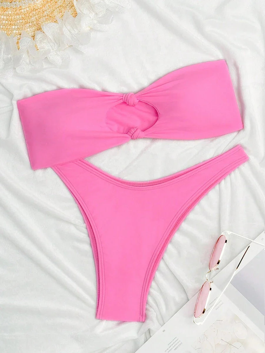 Swim Vcay Solid Color Bikini Swimming Suit For Beach Vacation, Strapless, Wireless For Summer