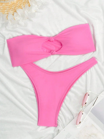 Swim Vcay Solid Color Bikini Swimming Suit For Beach Vacation, Strapless, Wireless For Summer