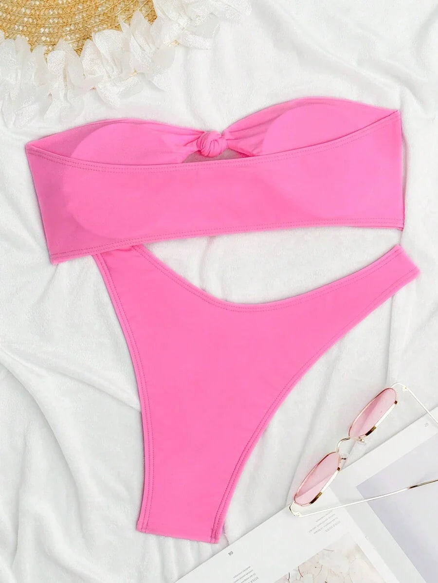 Swim Vcay Solid Color Bikini Swimming Suit For Beach Vacation, Strapless, Wireless For Summer