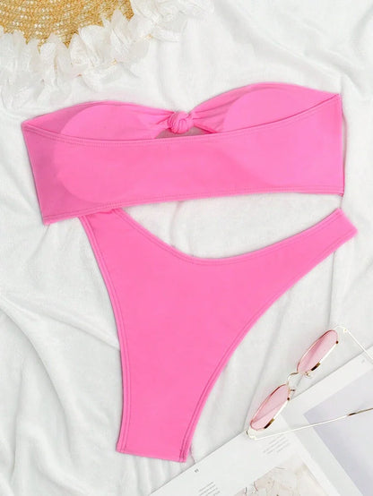 Swim Vcay Solid Color Bikini Swimming Suit For Beach Vacation, Strapless, Wireless For Summer