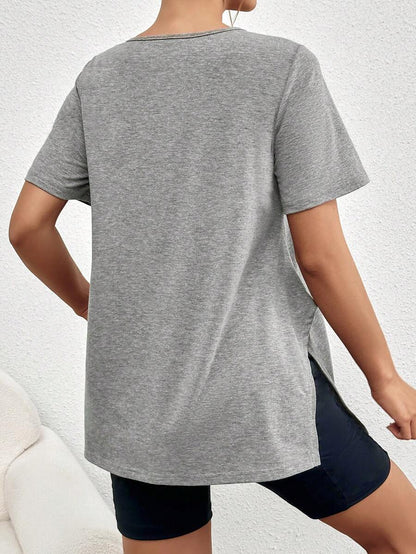 Maternity Side Slit Round Neck T-Shirt - Casual Dark Grey Short Sleeve Longline Maternity Top for Daily Wear