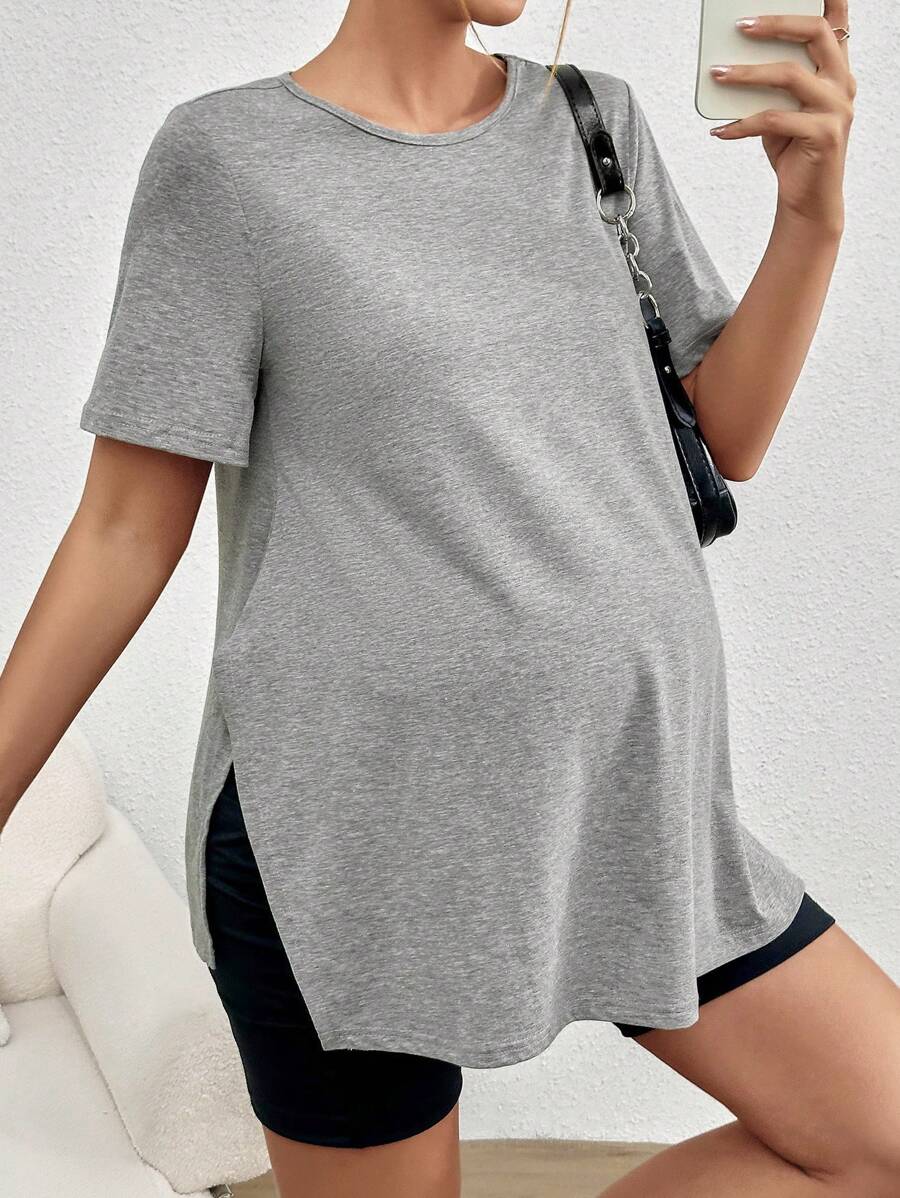 Maternity Split Side Solid Tee - Casual Short Sleeve Pregnancy T-Shirt
