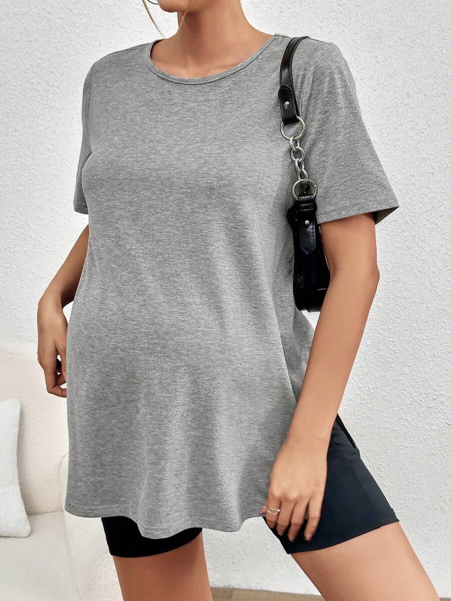 Maternity Side Slit Round Neck T-Shirt - Casual Dark Grey Short Sleeve Longline Maternity Top for Daily Wear