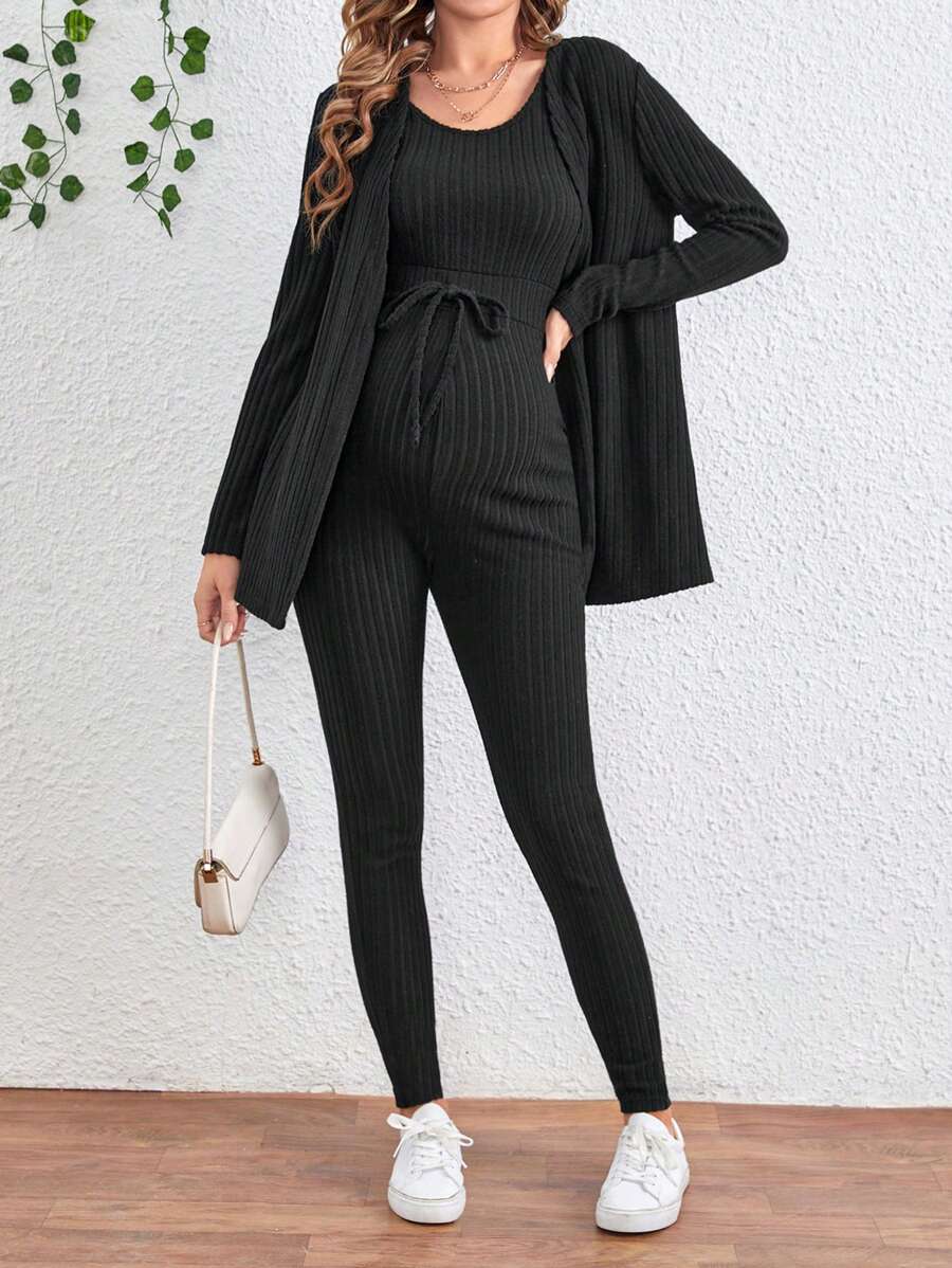 Maternity Solid Color Ribbed Belted Jumpsuit and Cardigan - 2-Piece Long Sleeve Set