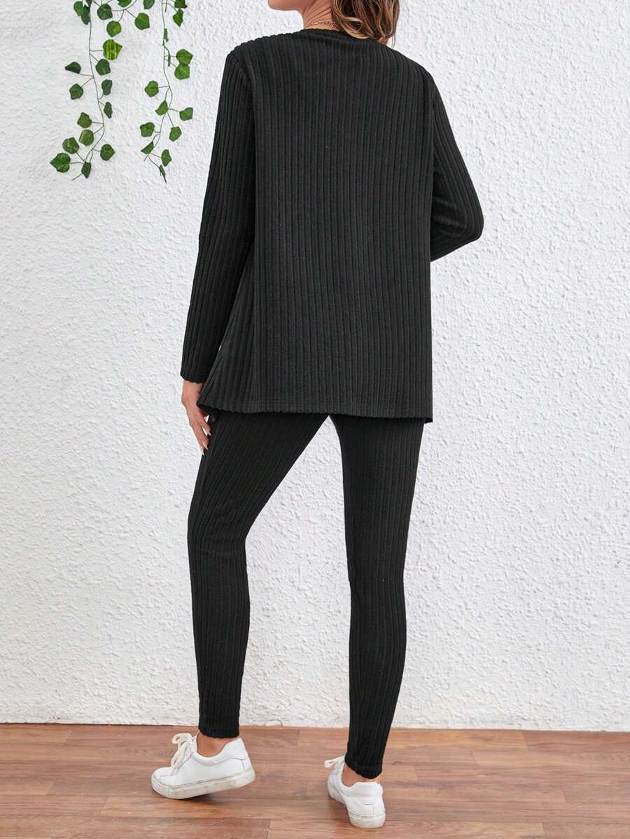 Maternity Solid Color Ribbed Belted Jumpsuit and Cardigan - 2-Piece Long Sleeve Set