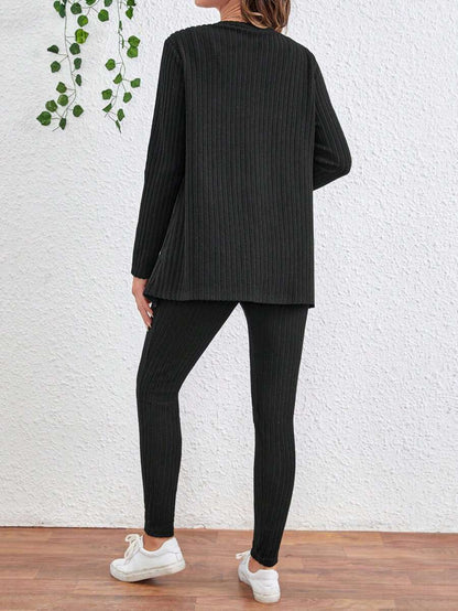 Maternity Solid Color Ribbed Belted Jumpsuit and Cardigan - 2-Piece Long Sleeve Set