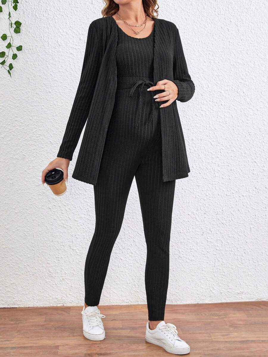 Maternity Solid Color Ribbed Belted Jumpsuit and Cardigan - 2-Piece Long Sleeve Set