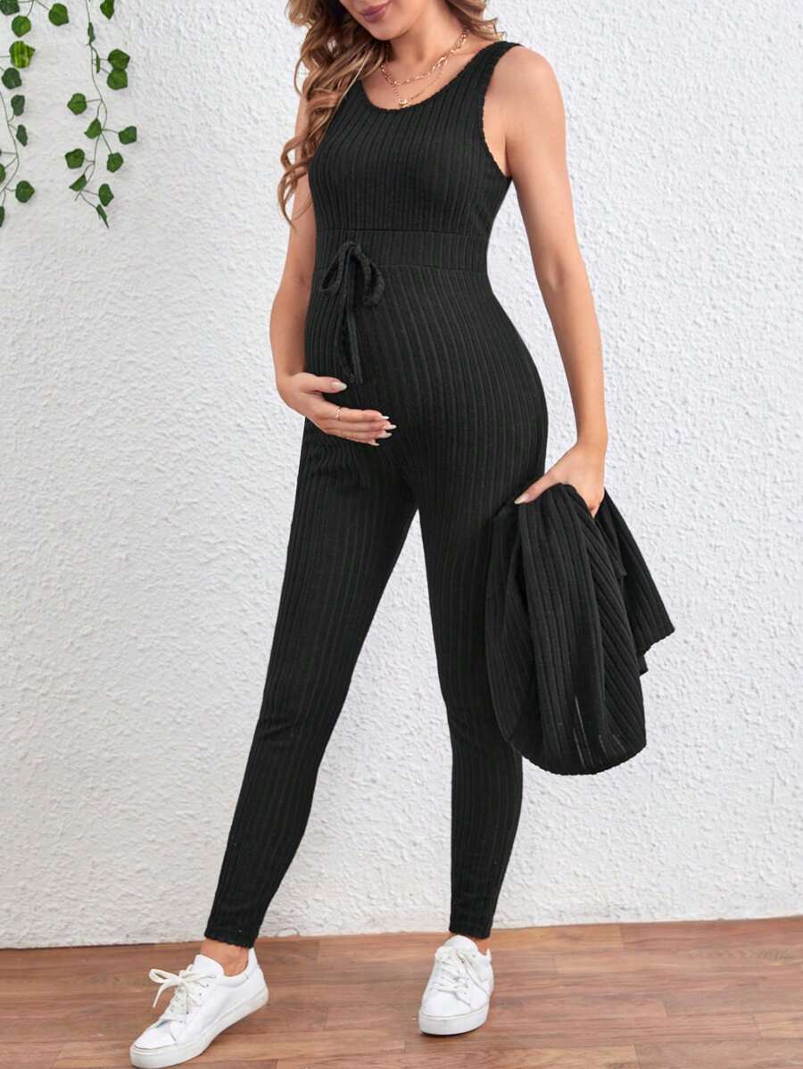 Maternity Solid Color Ribbed Belted Jumpsuit and Cardigan - 2-Piece Long Sleeve Set