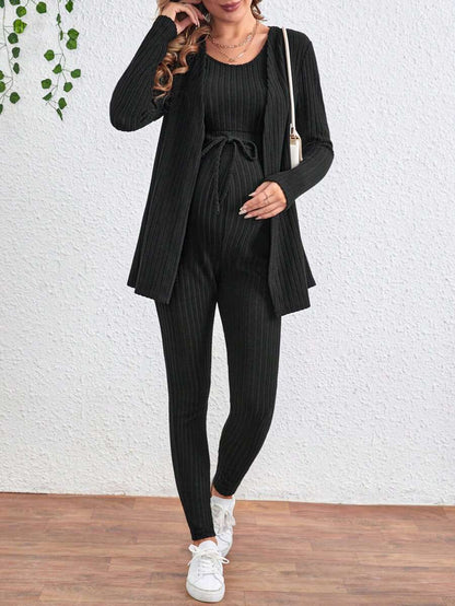 Maternity Solid Color Ribbed Belted Jumpsuit and Cardigan - 2-Piece Long Sleeve Set