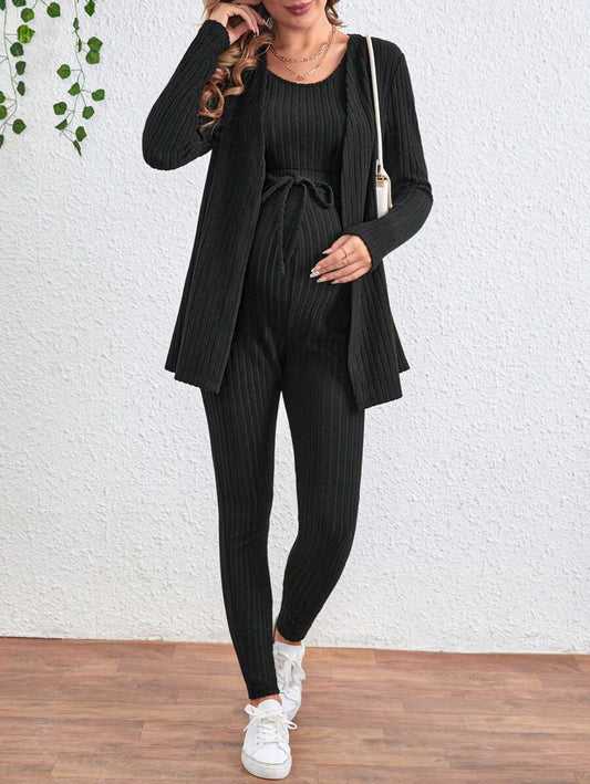 Maternity Solid Color Ribbed Belted Jumpsuit and Cardigan - 2-Piece Long Sleeve Set