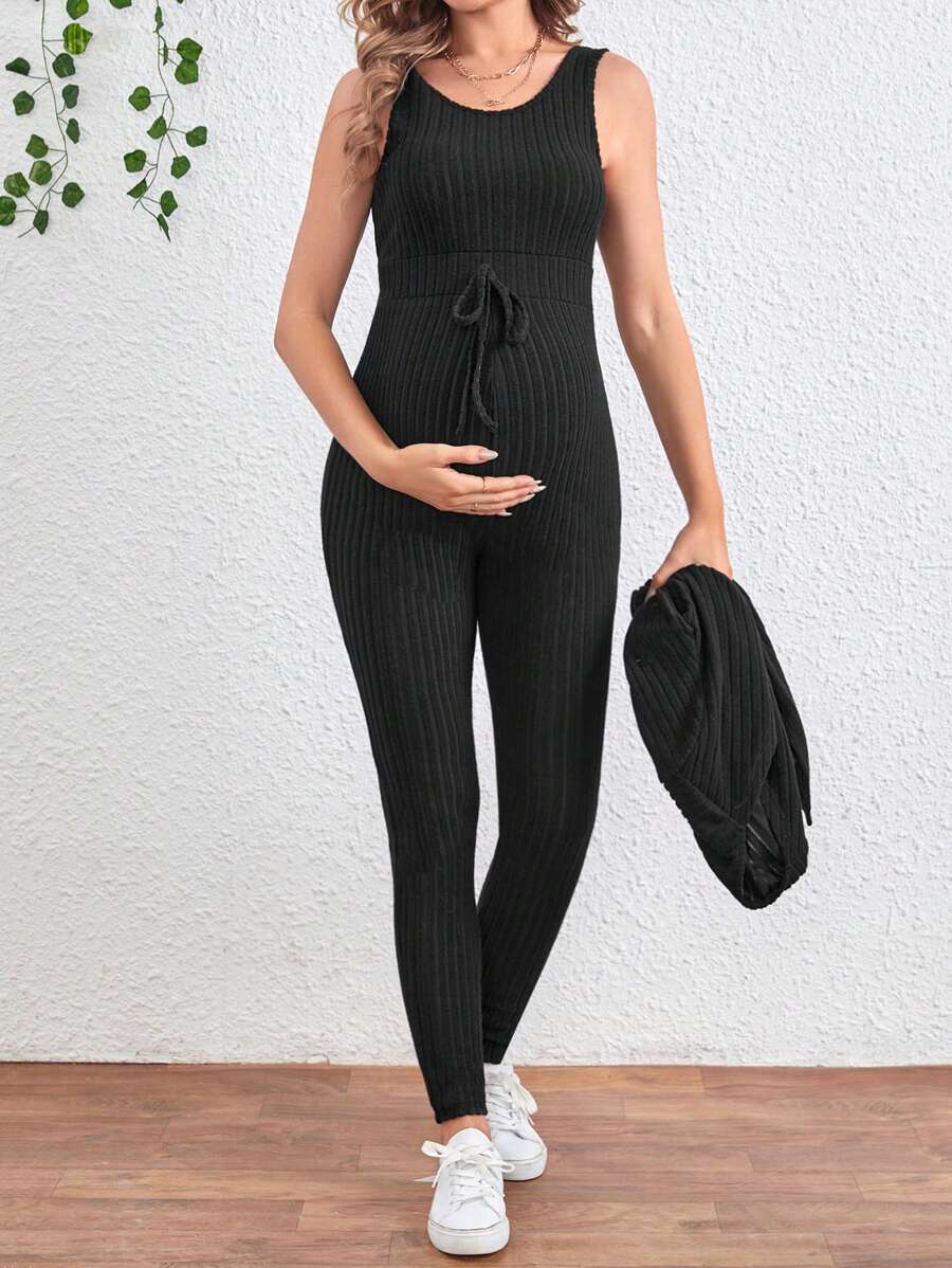 Maternity Solid Color Ribbed Belted Jumpsuit and Cardigan - 2-Piece Long Sleeve Set
