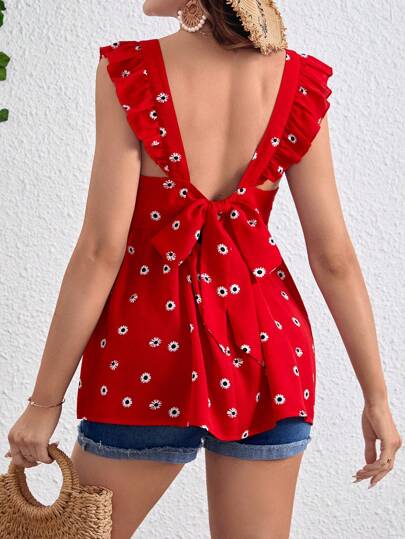 Maternity Daisy Pattern Tie Back Flounce Sleeve Ruffle Hem Blouse