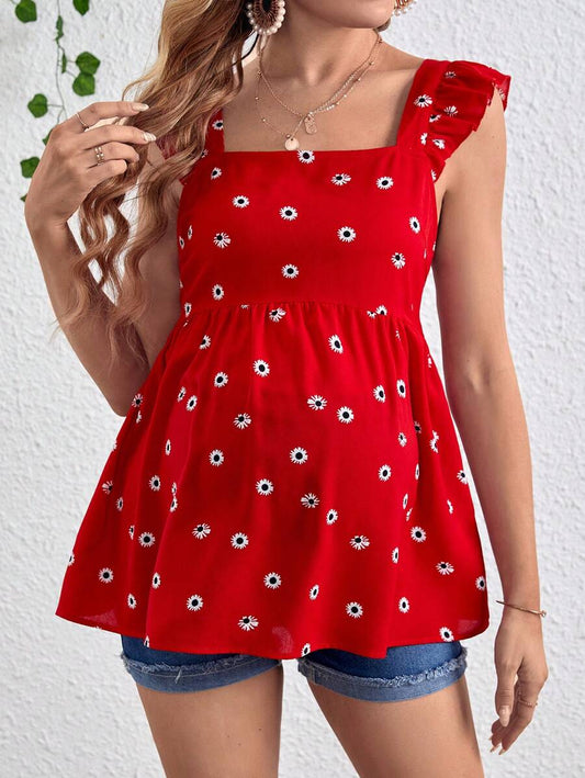 Maternity Daisy Pattern Tie Back Flounce Sleeve Ruffle Hem Blouse
