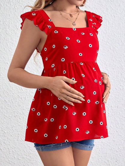 Maternity Daisy Pattern Tie Back Flounce Sleeve Ruffle Hem Blouse