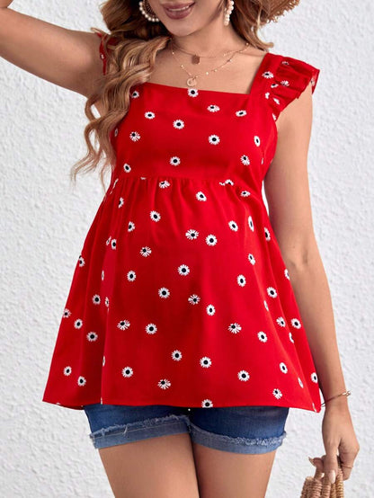 Maternity Daisy Pattern Tie Back Flounce Sleeve Ruffle Hem Blouse