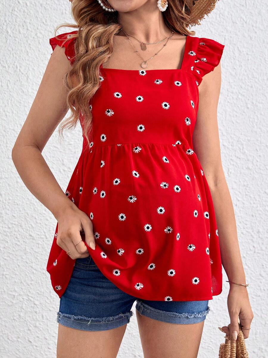 Maternity Daisy Pattern Tie Back Flounce Sleeve Ruffle Hem Blouse