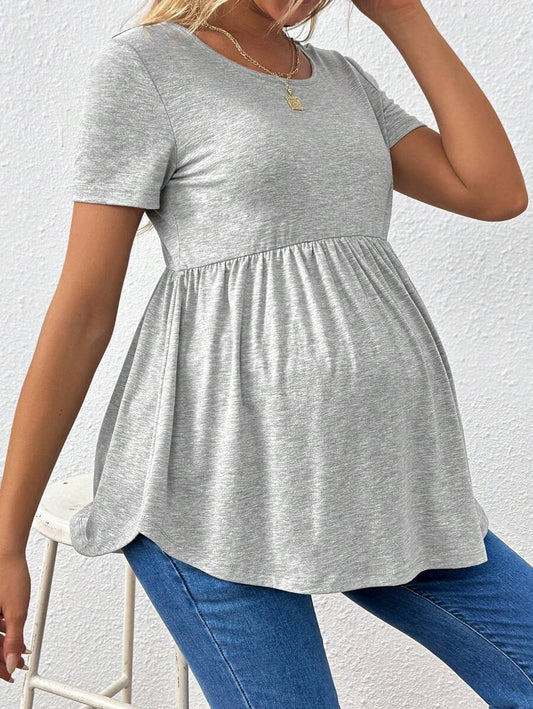 Maternity Grey Scoop Neck Back Cross Hollow Out Short Sleeve T-Shirt Slim Fit Ruffle Hem Knit Longline Top for Casual Daily Wear