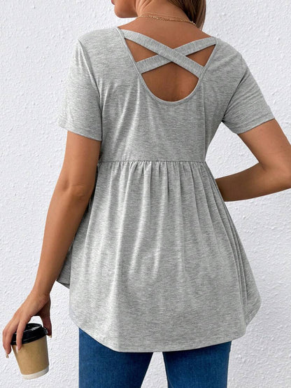 Maternity Grey Scoop Neck Back Cross Hollow Out Short Sleeve T-Shirt Slim Fit Ruffle Hem Knit Longline Top for Casual Daily Wear