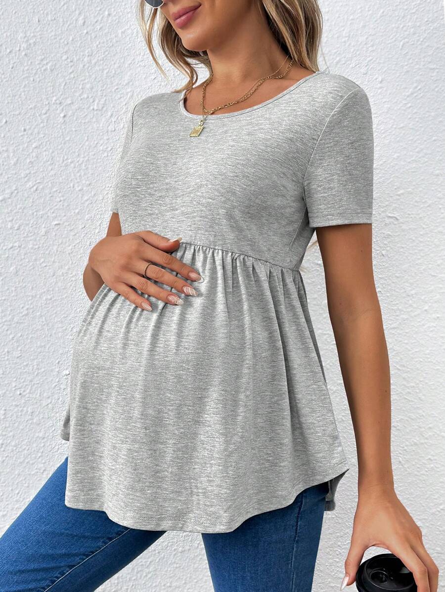 Maternity Grey Scoop Neck Back Cross Hollow Out Short Sleeve T-Shirt Slim Fit Ruffle Hem Knit Longline Top for Casual Daily Wear