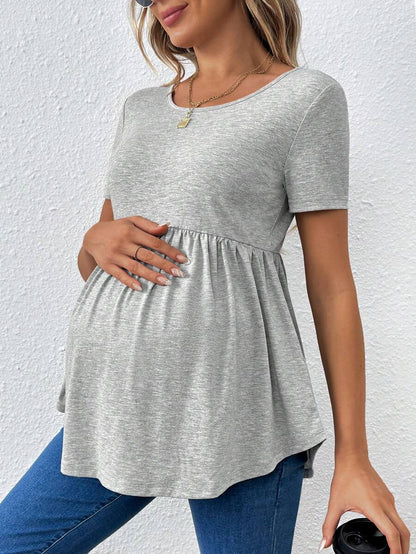 Maternity Grey Scoop Neck Back Cross Hollow Out Short Sleeve T-Shirt Slim Fit Ruffle Hem Knit Longline Top for Casual Daily Wear