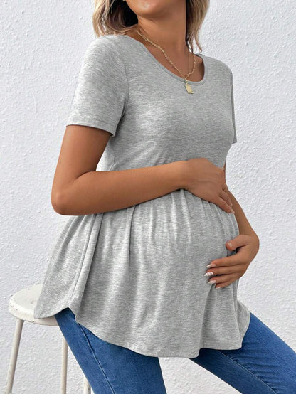 Maternity Grey Scoop Neck Back Cross Hollow Out Short Sleeve T-Shirt Slim Fit Ruffle Hem Knit Longline Top for Casual Daily Wear