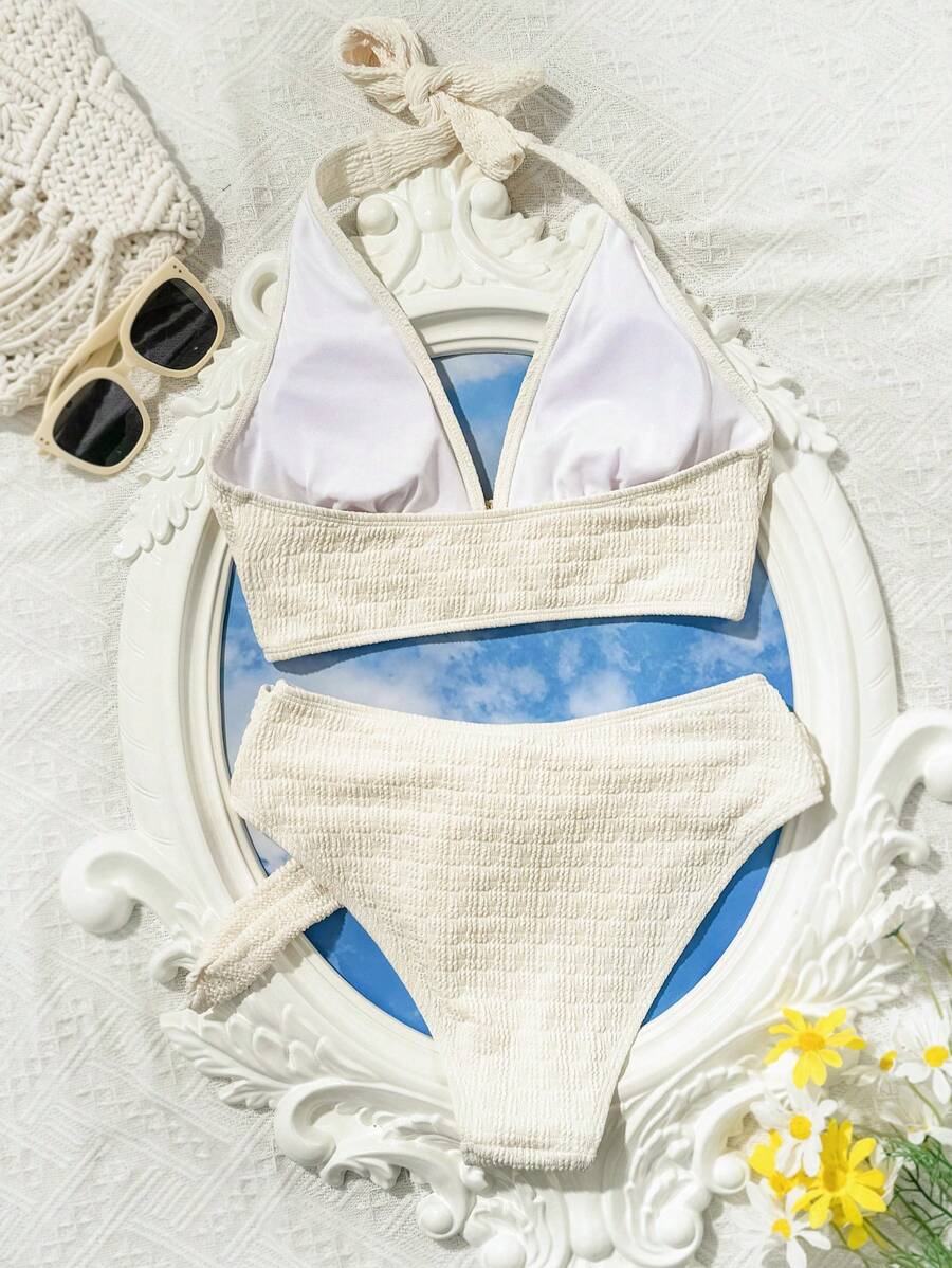 Women's 2-Piece Solid Halter Strap Bikini Set - High Waist, Backless, Apricot