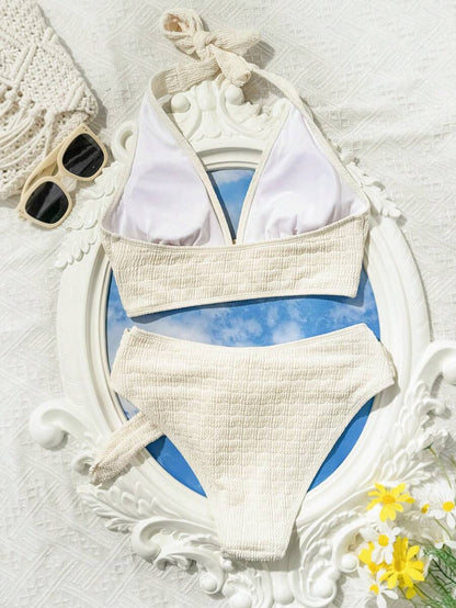 Women's 2-Piece Solid Halter Strap Bikini Set - High Waist, Backless, Apricot