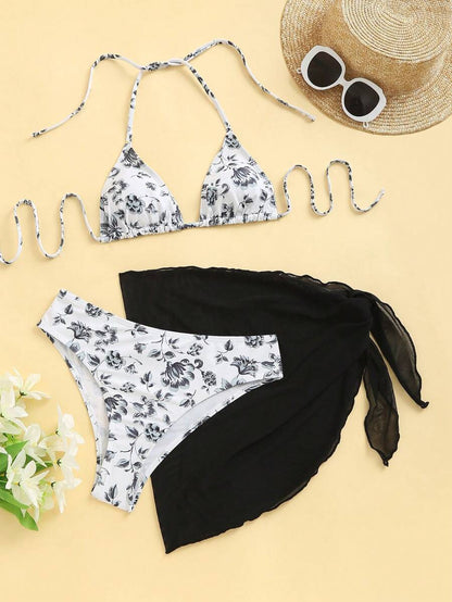 Women's 3-Piece Shell Print Bikini Set - V-Neck Halter, Triangle, Side Tie Skirt, Multicolor
