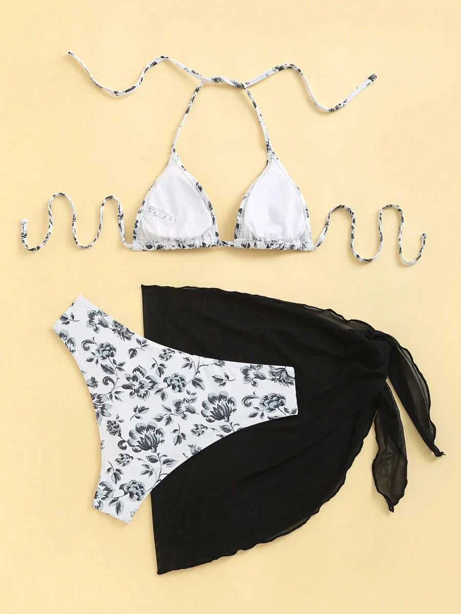 Women's 3-Piece Shell Print Bikini Set - V-Neck Halter, Triangle, Side Tie Skirt, Multicolor