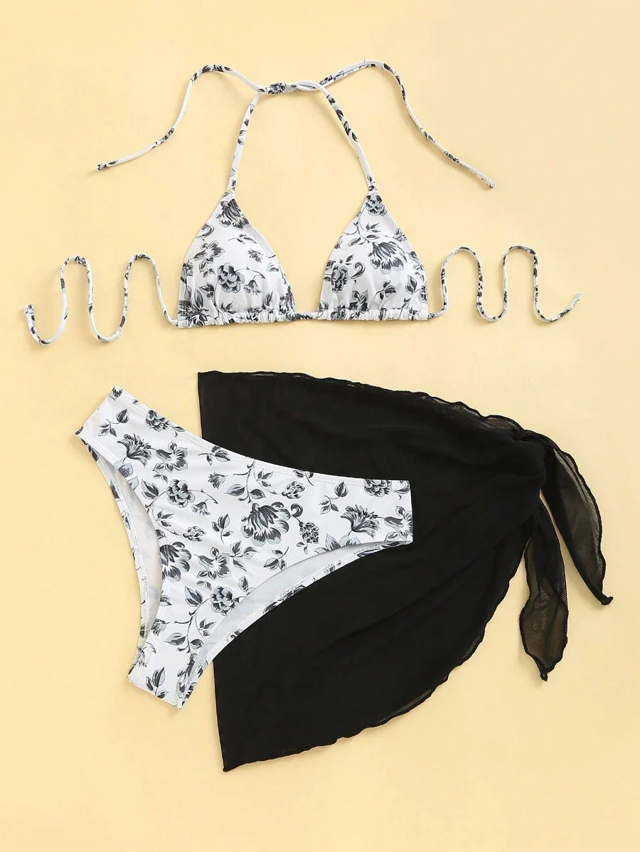 Women's 3-Piece Shell Print Bikini Set - V-Neck Halter, Triangle, Side Tie Skirt, Multicolor