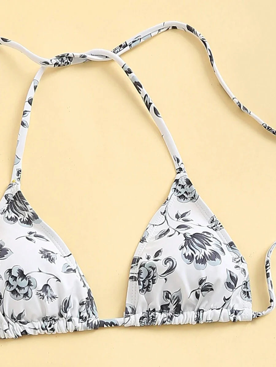 Women's 3-Piece Shell Print Bikini Set - V-Neck Halter, Triangle, Side Tie Skirt, Multicolor