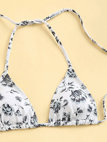 Women's 3-Piece Shell Print Bikini Set - V-Neck Halter, Triangle, Side Tie Skirt, Multicolor