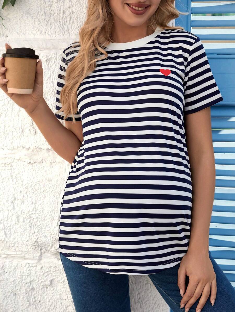 Maternity Stripe T-Shirt - Short Sleeve Embroidered Heart Round Neck Loose Fit, Blue Casual