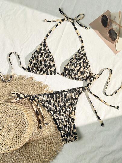Women's 2-Piece Leopard Print Bikini Set - Ruffled Halter Strap, High Waist, Multicolor