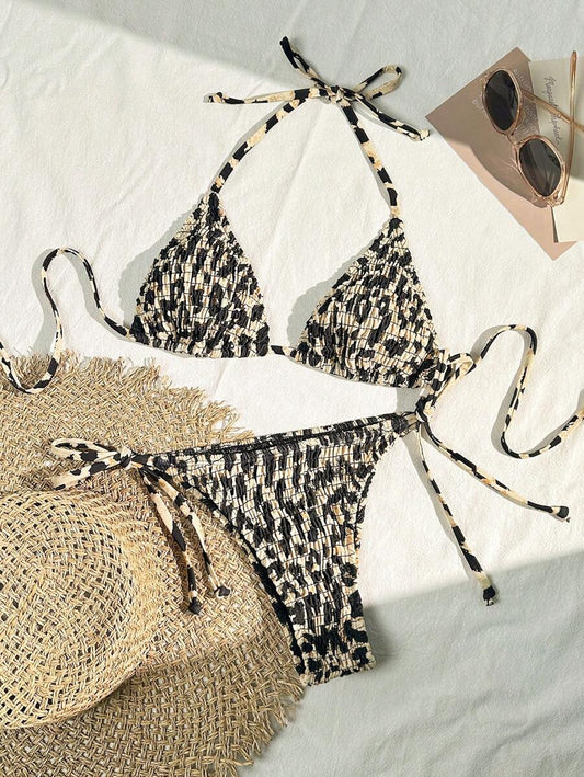 Women's 2-Piece Leopard Print Bikini Set - Ruffled Halter Strap, High Waist, Multicolor