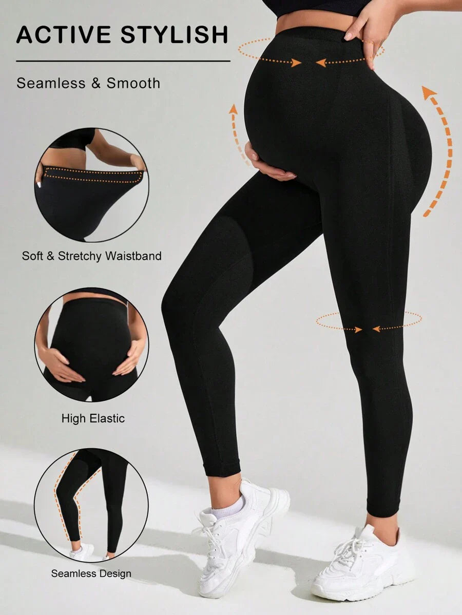 Navy Blue High Waisted Maternity Yoga Leggings - High Stretch Skinny Fit Activewear - Seamless Comfort Daily Wear Pregnancy Tights