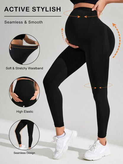 Navy Blue High Waisted Maternity Yoga Leggings - High Stretch Skinny Fit Activewear - Seamless Comfort Daily Wear Pregnancy Tights