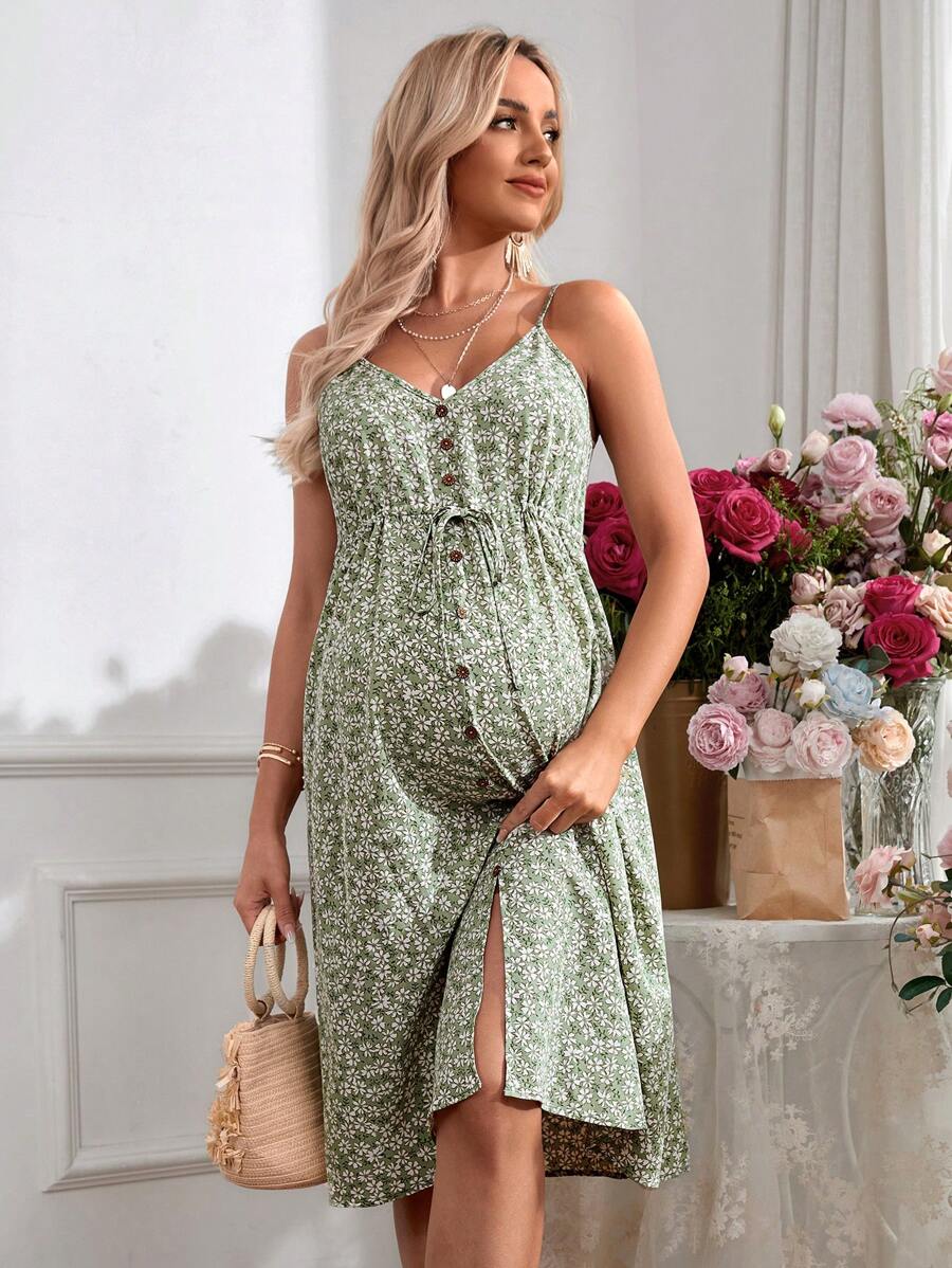Pink Boho Button Front Cami Dress - Women's Adjustable Spaghetti Strap Cold Shoulder High Waist Flared Knee Length Vacation Dress