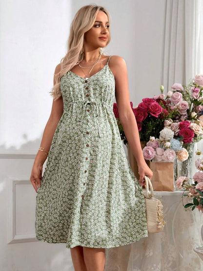 Maternity Romantic Holiday Adjustable Cami Green Ditsy Floral Print Knee Length Dress for Vacation and Baby Shower