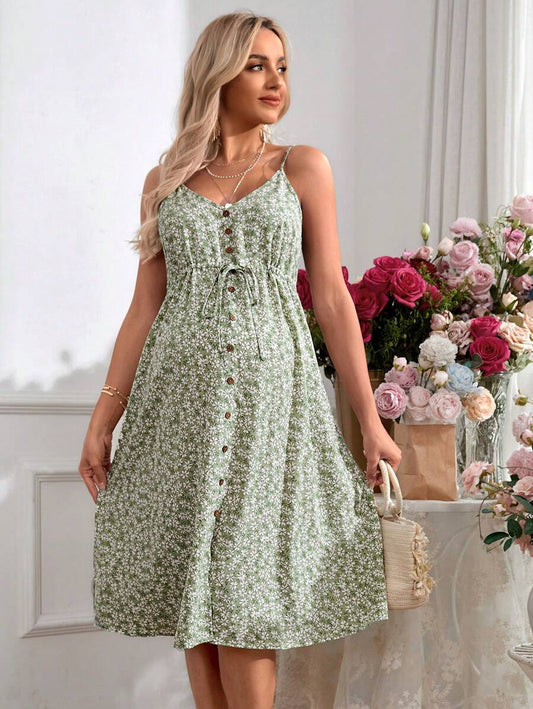 Maternity Romantic Holiday Adjustable Cami Green Ditsy Floral Print Knee Length Dress for Vacation and Baby Shower