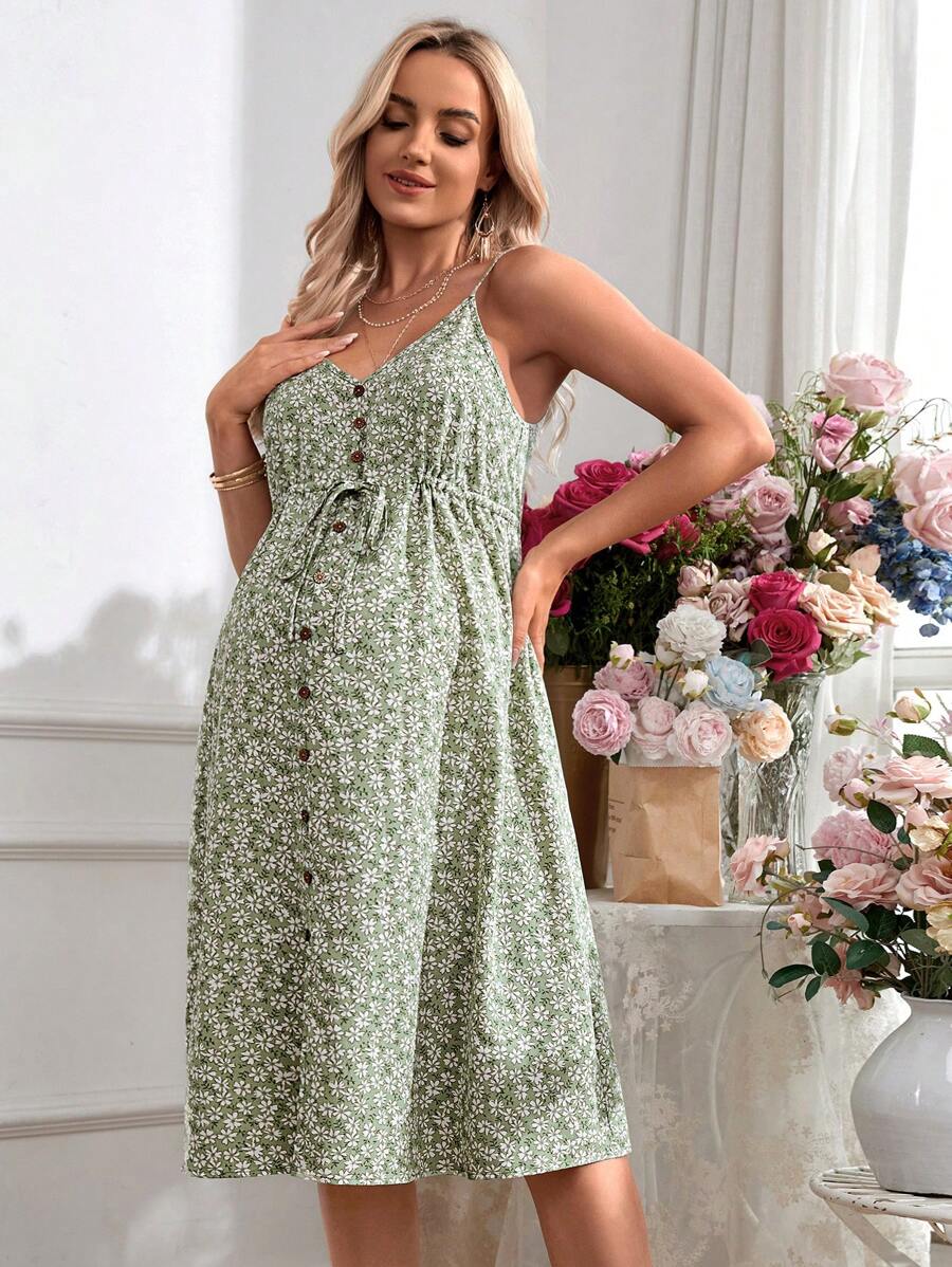 Maternity Romantic Holiday Adjustable Cami Green Ditsy Floral Print Knee Length Dress for Vacation and Baby Shower