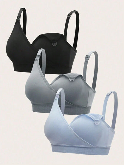 3Pcs Maternity Nursing Bra Set Women Solid Color Comfortable Wireless Breastfeeding Support Bra Set